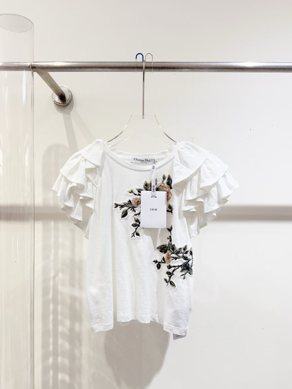 Dior White Ruffle Sleeve Floral Embroidered Top